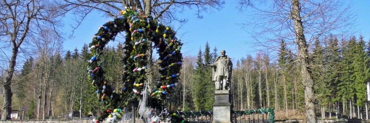 Decorated Easter fountain in front of the town church